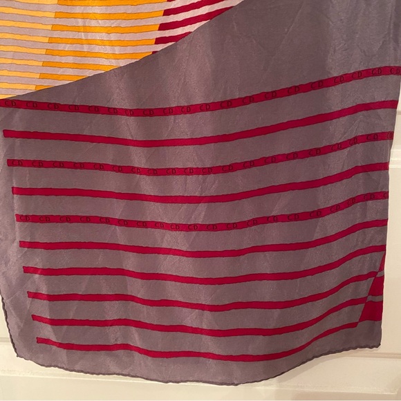 DIOR SCARF GRAY RED ORANGE SILK SQUARE LUXURY ACCESSORY STRIPES COLOR BLOCK - Picture 7 of 10